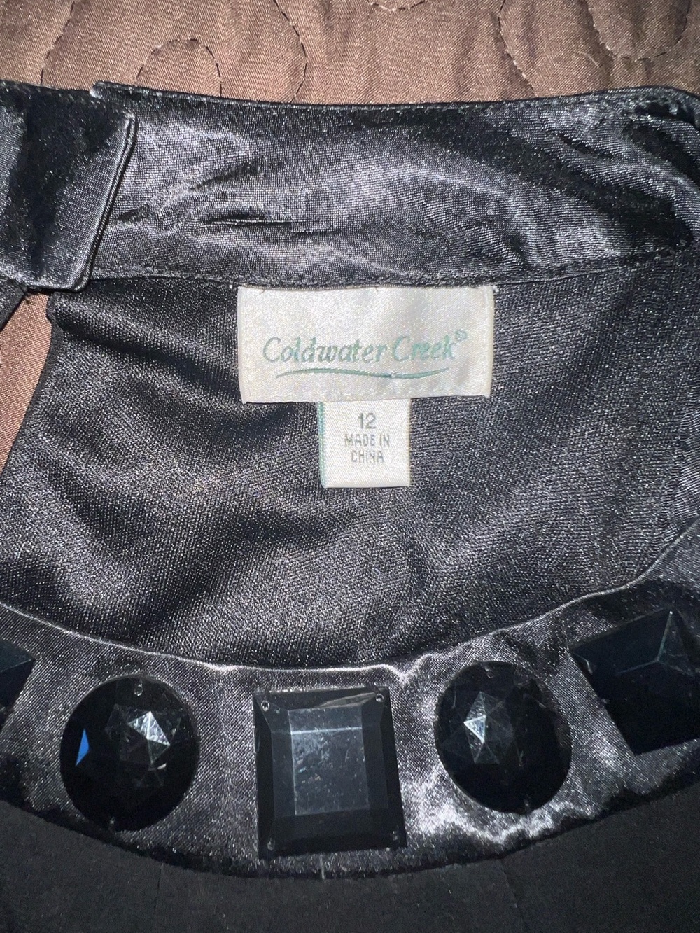 Coldwater Creek Black Satin Jacket with Jeweled Collar